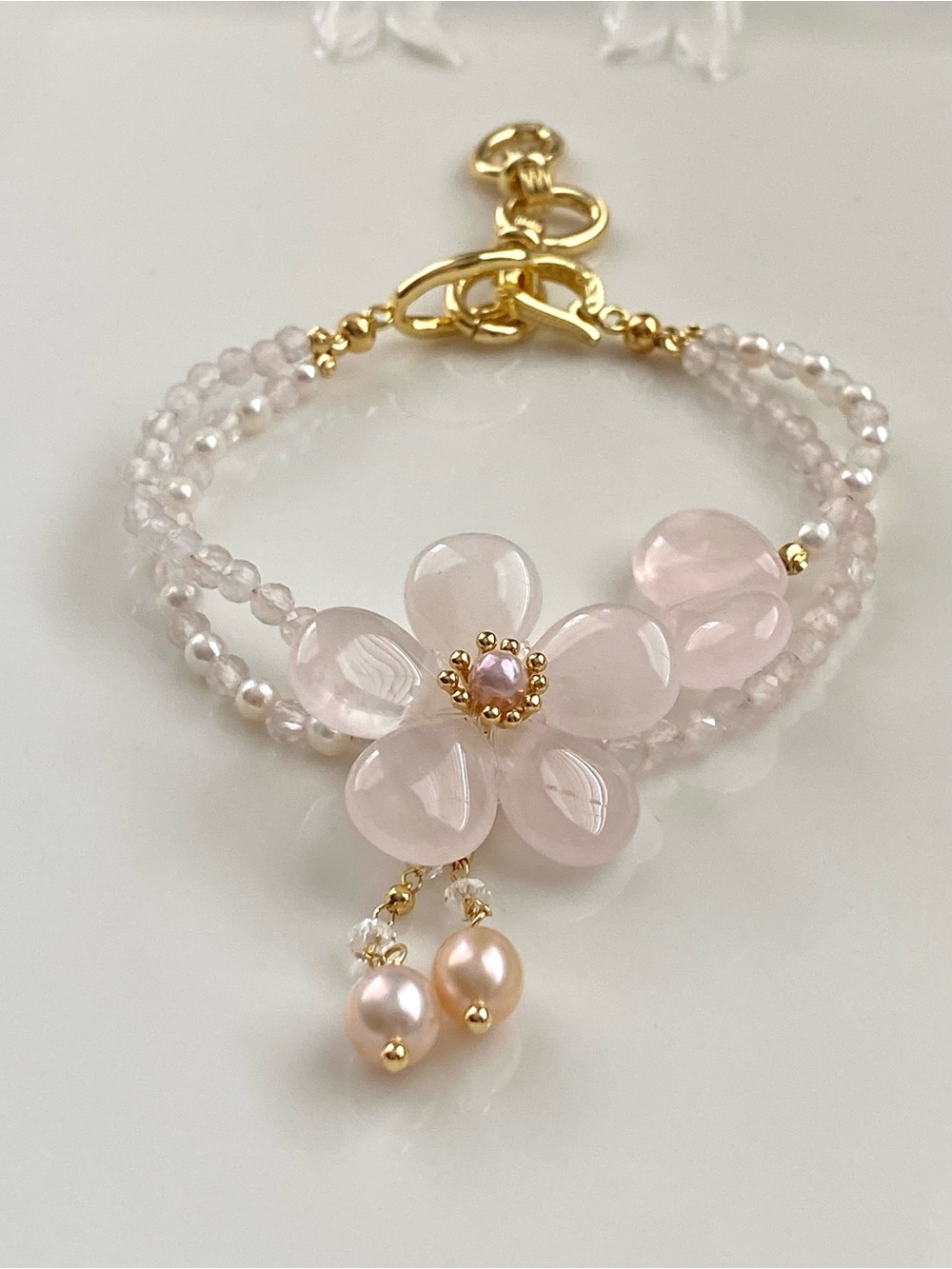 B179-Handmade Rose Quartz And Freshwater Pearl Braided Flower Bracelet